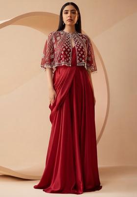Red Embroidered Handwork Pre Draped Saree Set
