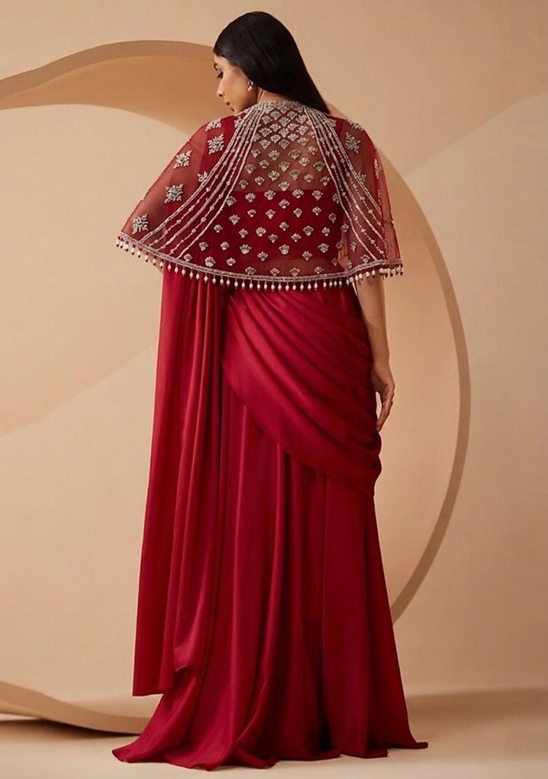 Red Embroidered Handwork Pre Draped Saree Set - Indya