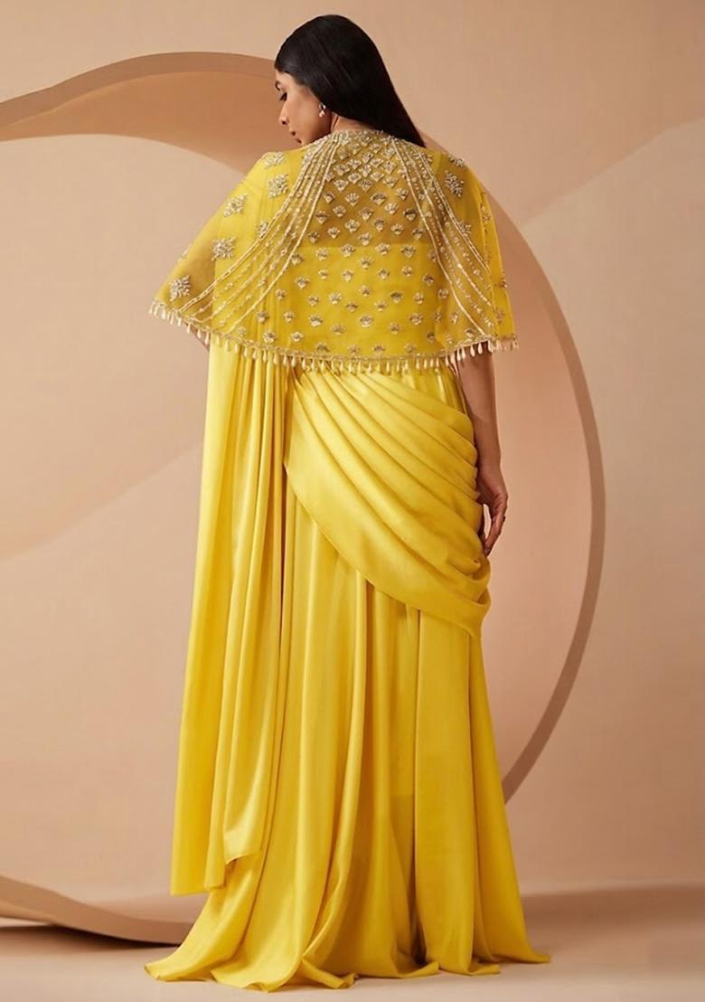 Yellow Embroidered Handwork Pre Draped Saree Set - Indya