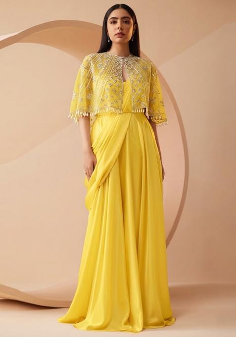 Yellow Embroidered Handwork Pre Draped Saree Set