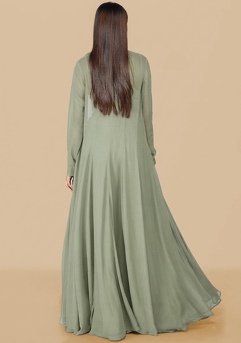 Sage Green Handwork Fusion Set - Indya