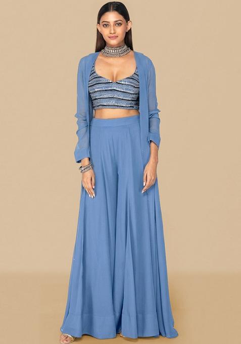 Blue Embroidered Handwork Fusion Set