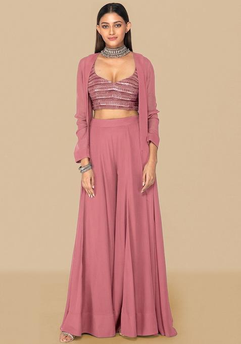 Pink Embroidered Handwork Fusion Set