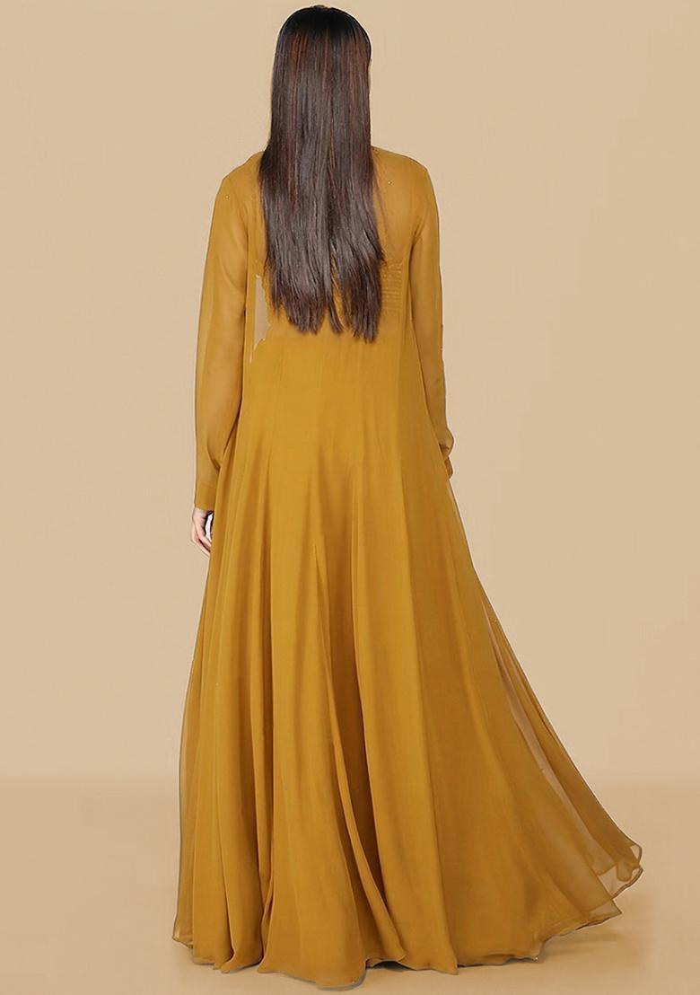 Mustard Yellow Handwork Fusion Set - Indya
