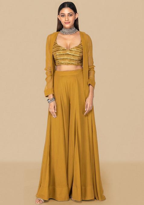 Yellow Embroidered Handwork Fusion Set