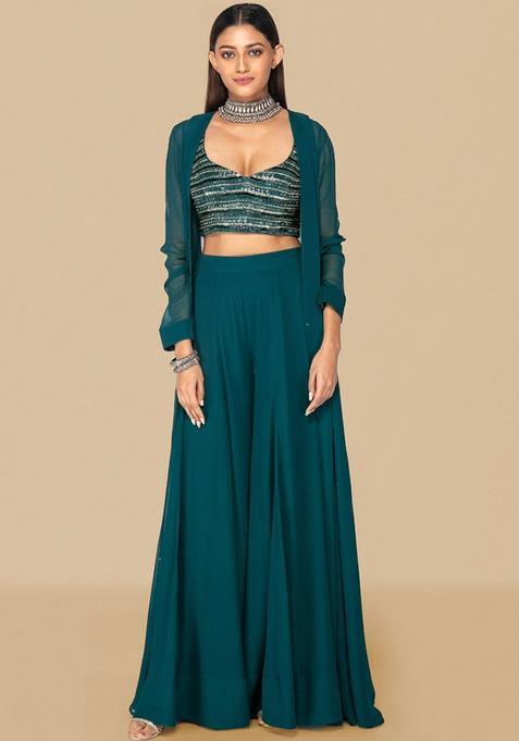 Blue Embroidered Handwork Fusion Set