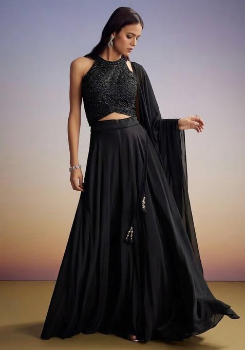 Jet Black Embroidered Handwork Lehenga Set