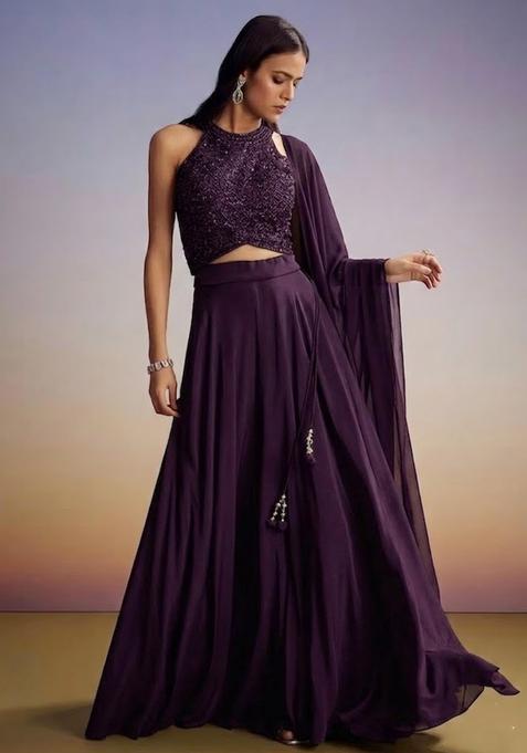 Deep Purple Embroidered Handwork Lehenga Set