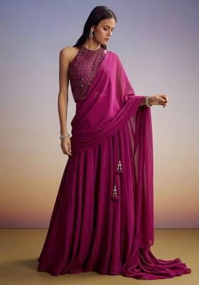 Magenta Handwork Pre Draped Saree Set