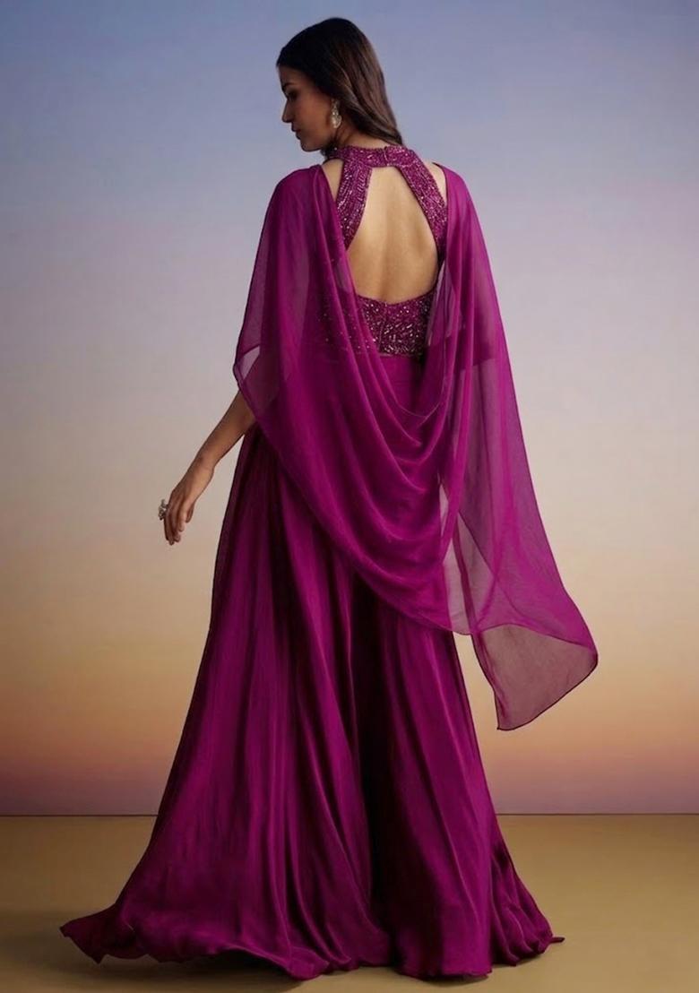 Magenta Handwork Pre Draped Saree Set - Indya