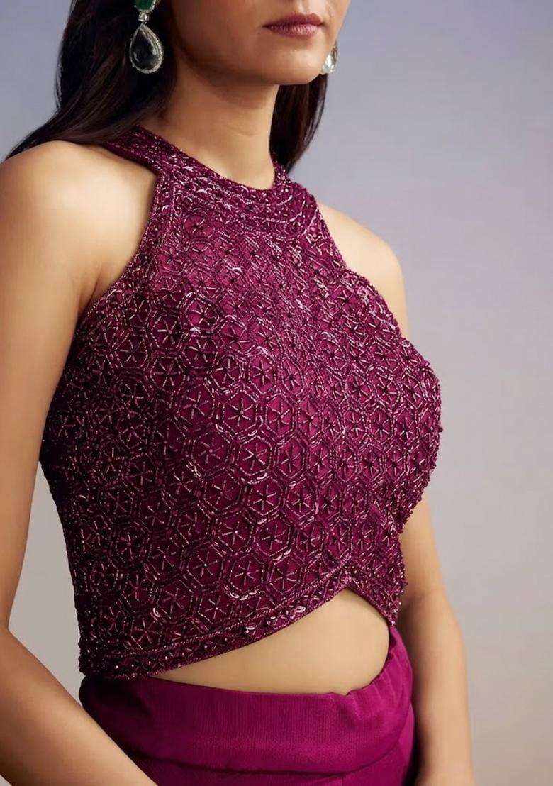 Magenta Handwork Pre Draped Saree Set - Indya