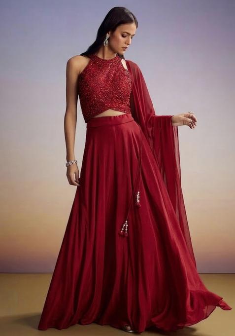 Red Embroidered Handwork Lehenga Set