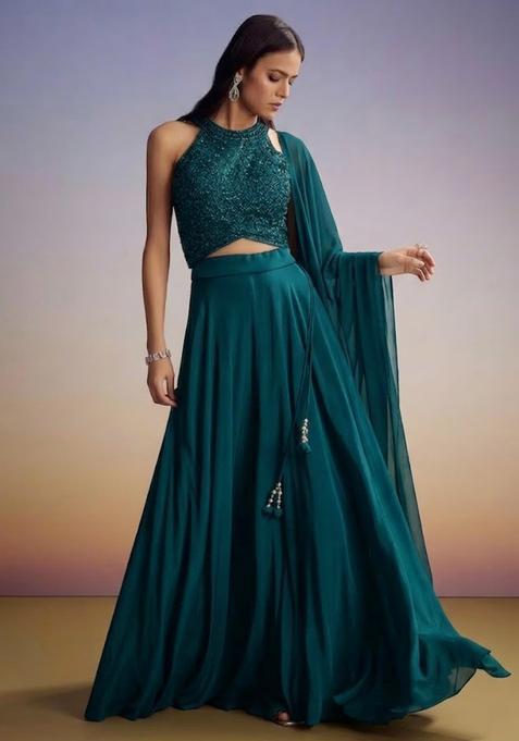 Dark Teal Embroidered Handwork Lehenga Set