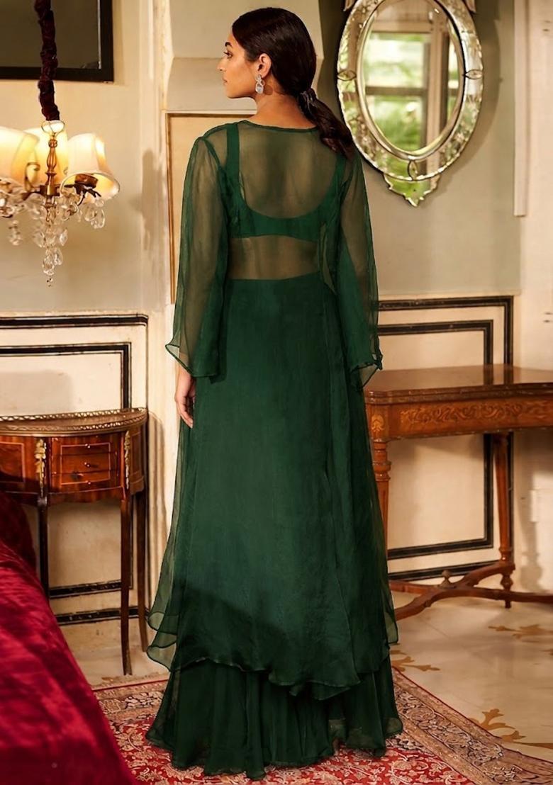 Bottle Green Handwork Fusion Set - Indya