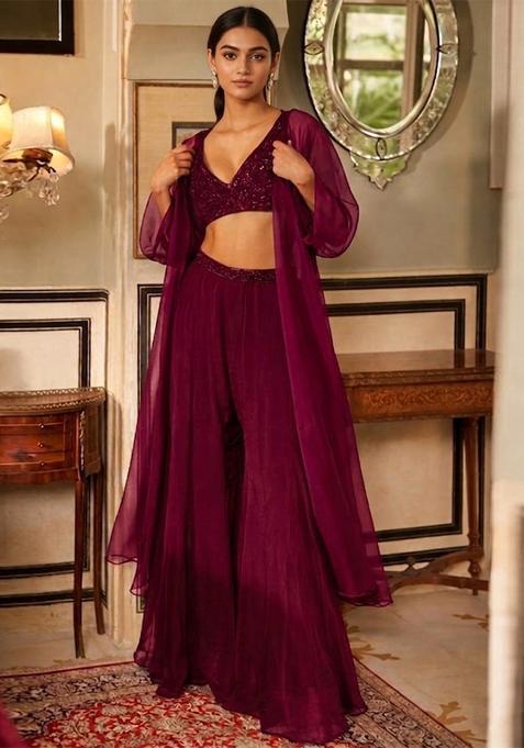 Burgundy Embroidered Handwork Fusion Set