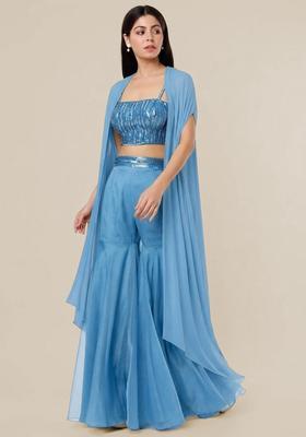 Steel Blue Embroidered Handwork Fusion Set