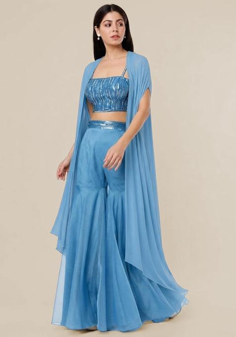 Steel Blue Embroidered Handwork Fusion Set