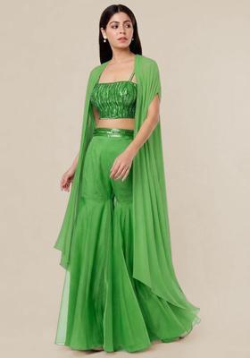 Green Embroidered Handwork Fusion Set