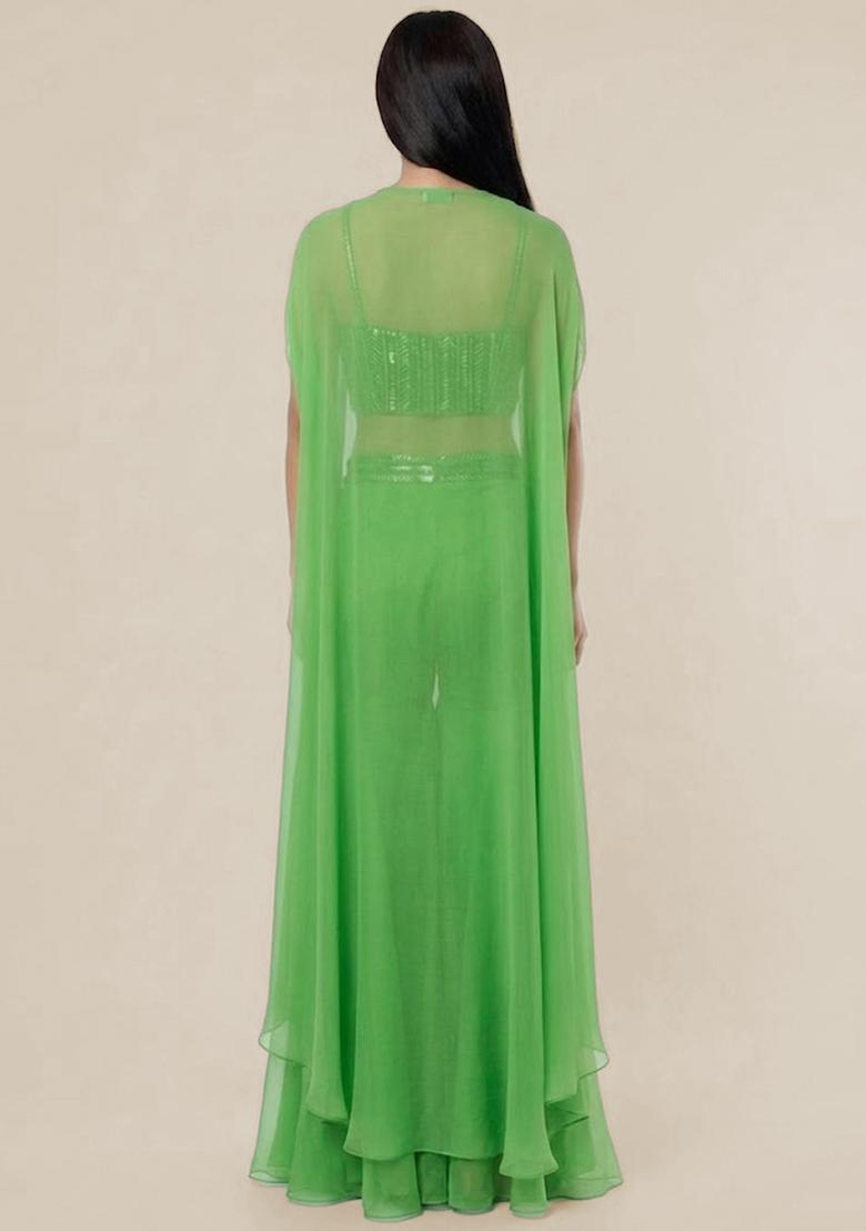 Green Embroidered Handwork Fusion Set - Indya