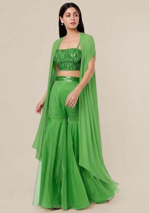 Green Embroidered Handwork Fusion Set