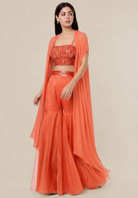 Orange Embroidered Handwork Fusion Set