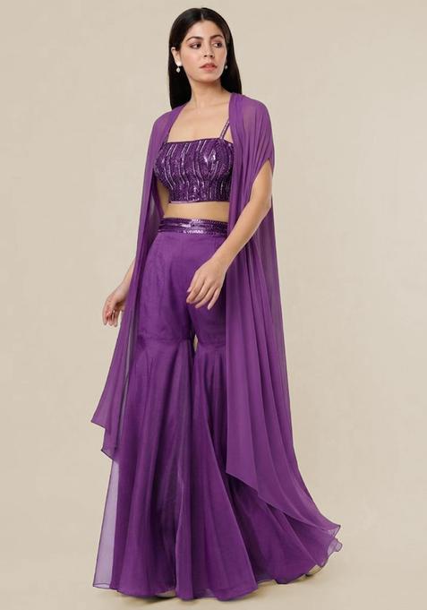 Purple Embroidered Handwork Fusion Set