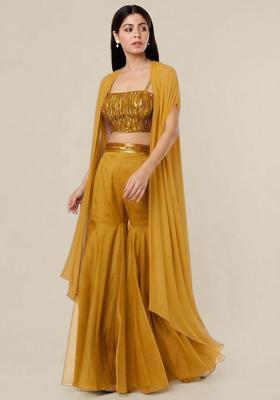 Yellow Embroidered Handwork Fusion Set