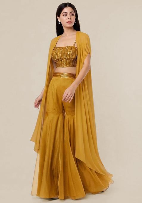 Yellow Embroidered Handwork Fusion Set