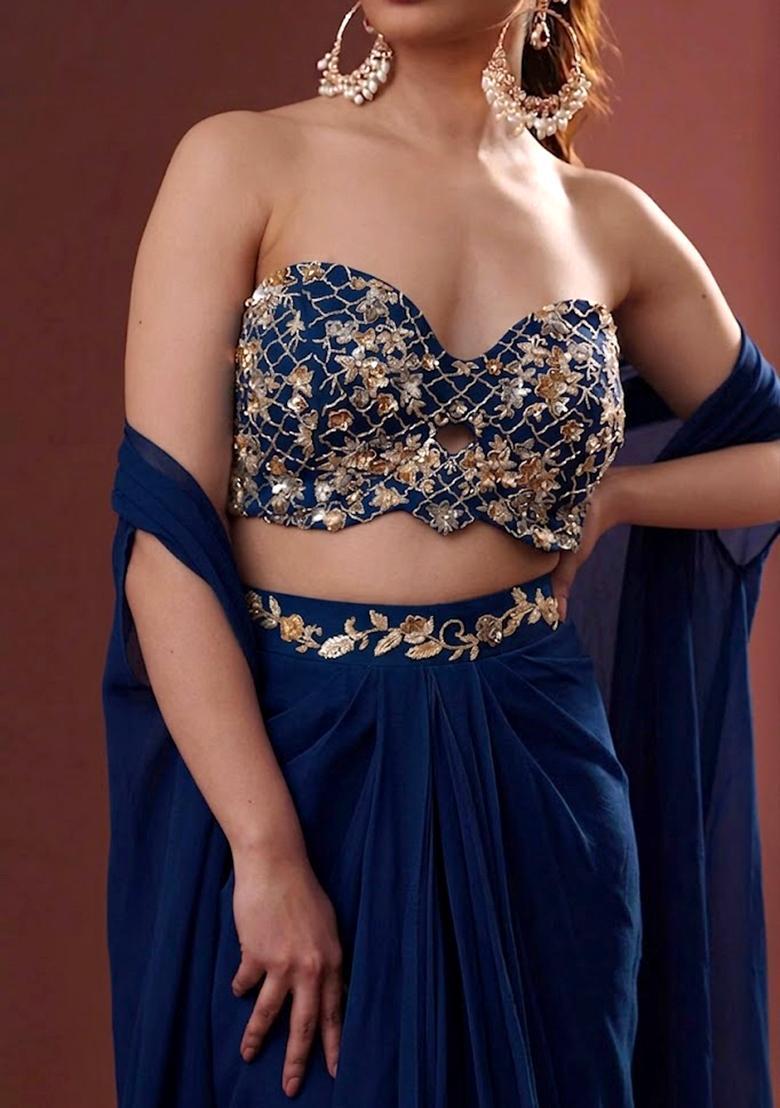 Royal Blue Embroidered Handwork Fusion Set - Indya