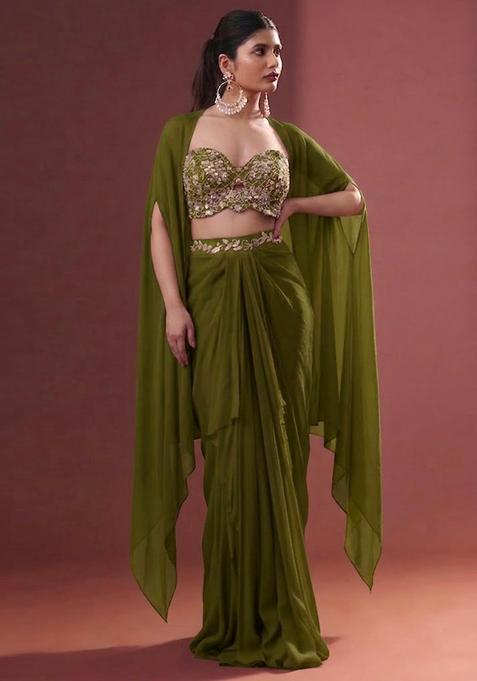 Olive Embroidered Handwork Fusion Set