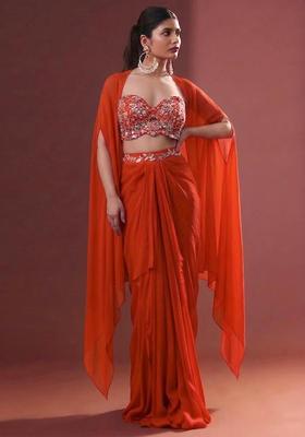 Orange Embroidered Handwork Fusion Set