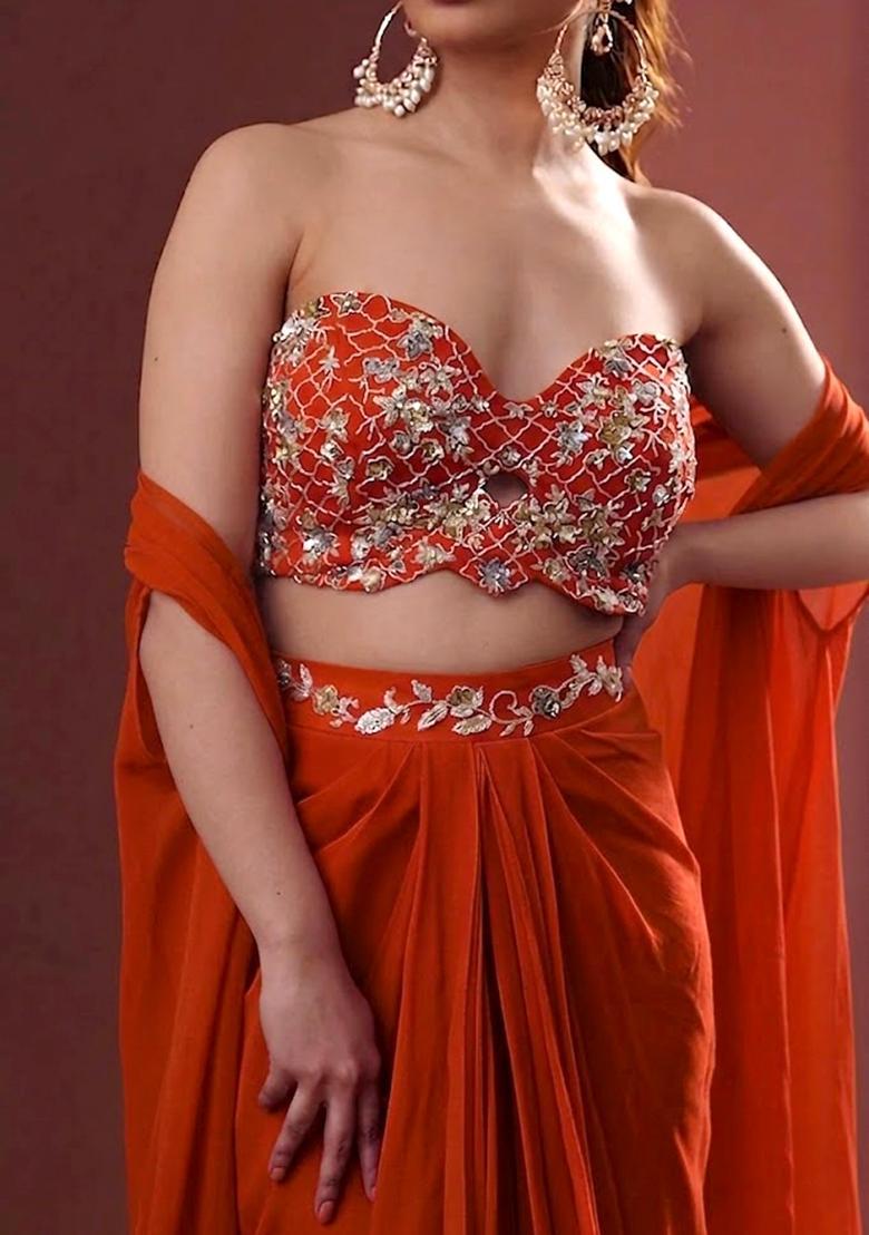 Orange Embroidered Handwork Fusion Set - Indya