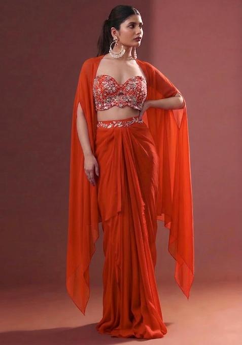 Orange Embroidered Handwork Fusion Set