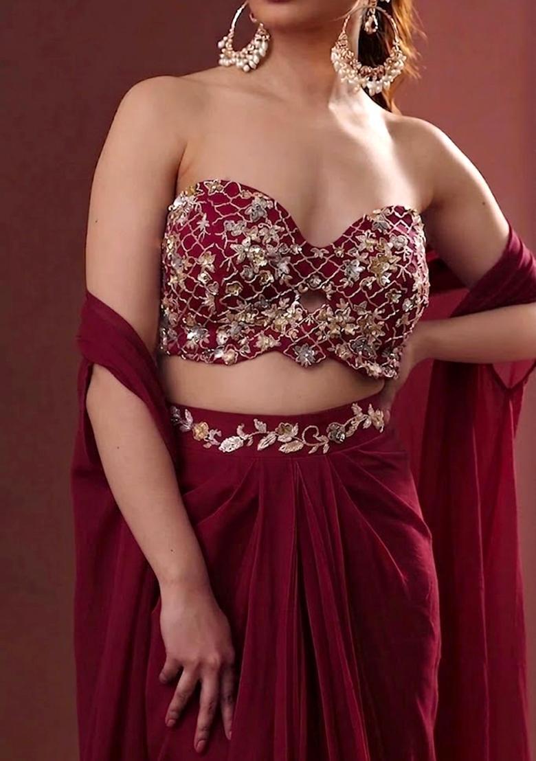 Wine Embroidered Handwork Fusion Set - Indya