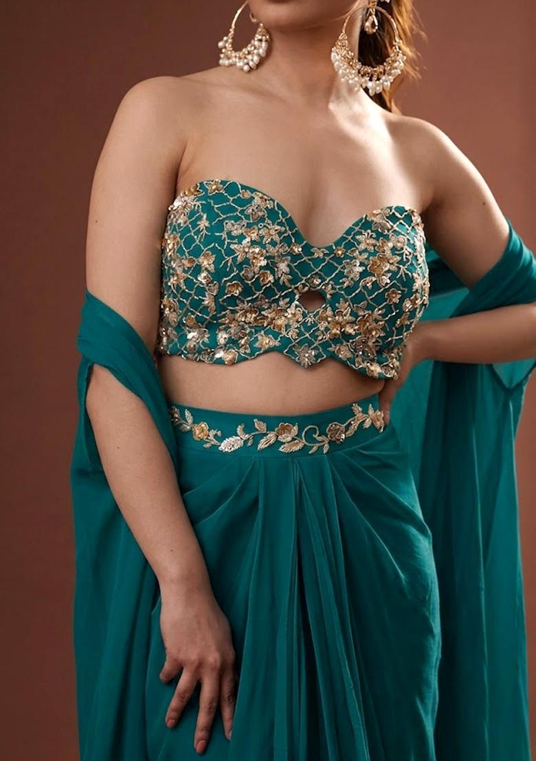 Teal Embroidered Handwork Fusion Set - Indya