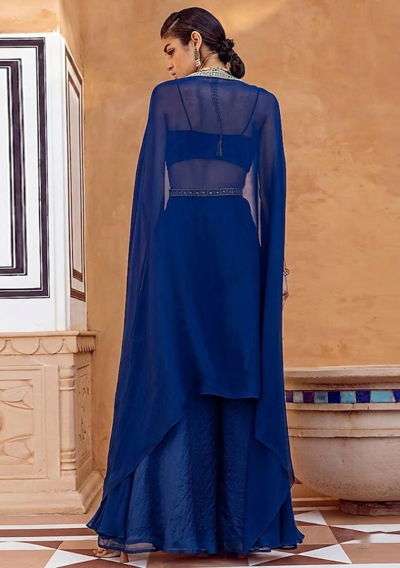 Cobalt Blue Embroidered Handwork Fusion Set - Indya