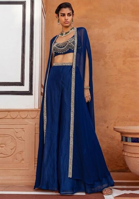 Cobalt Blue Embroidered Handwork Fusion Set