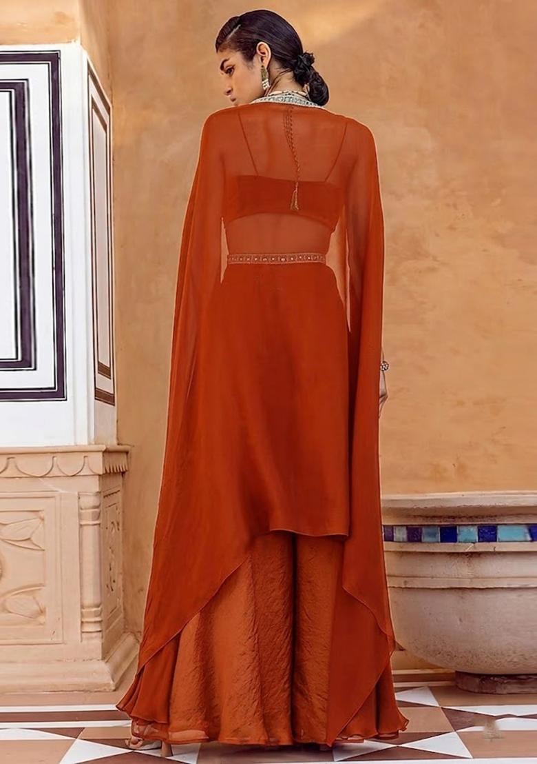 Orange Embroidered Handwork Fusion Set - Indya