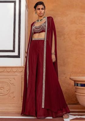 Red Embroidered Handwork Fusion Set