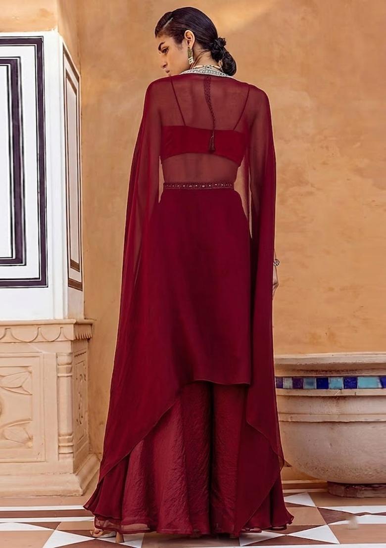 Red Embroidered Handwork Fusion Set - Indya