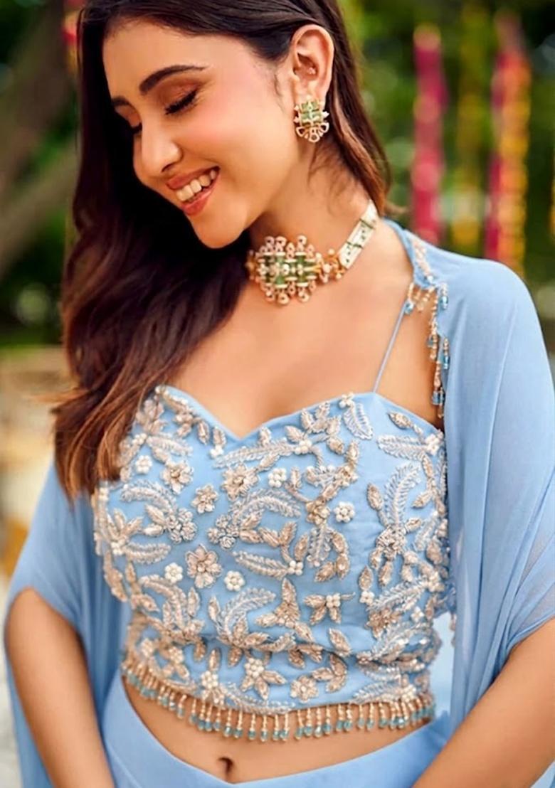 Powder Blue Embroidered Handwork Fusion Set - Indya