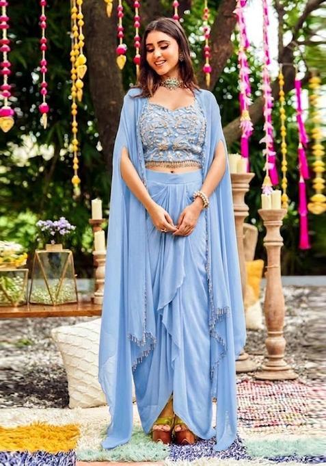 Powder Blue Embroidered Handwork Fusion Set