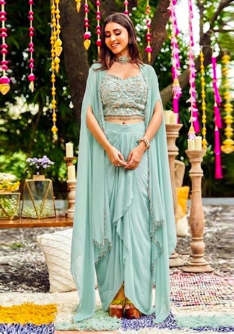 Mint Embroidered Handwork Fusion Set