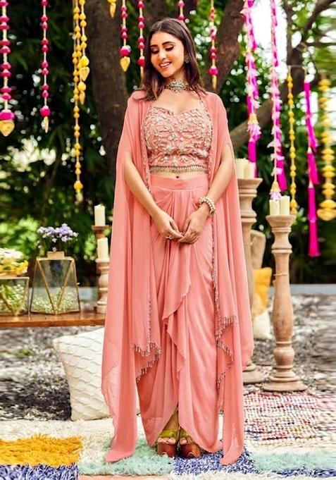 Peach Embroidered Handwork Fusion Set