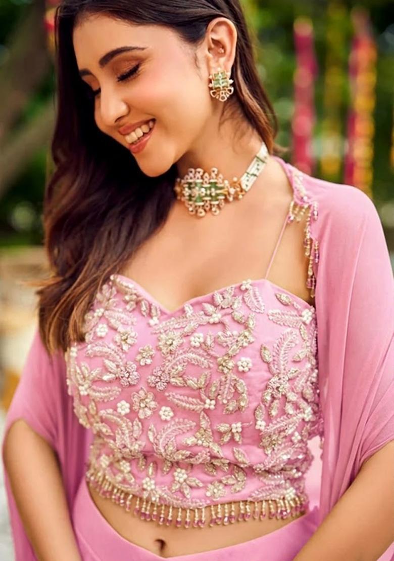 Pink Embroidered Handwork Fusion Set - Indya
