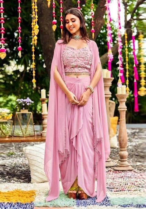 Pink Embroidered Handwork Fusion Set