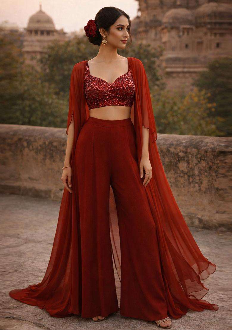 Rust Red Embellished Fusion Set - Indya