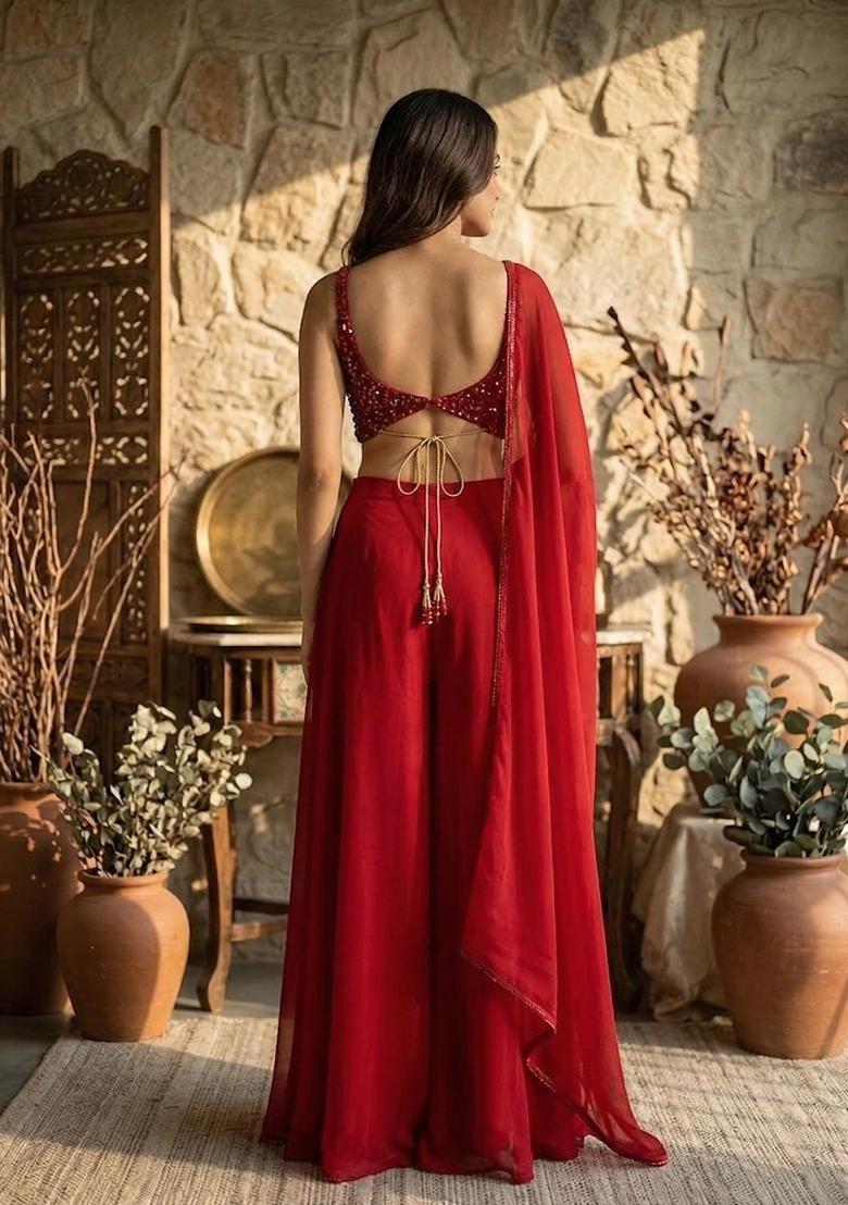 Crimson Red Embellished Sharara Set - Indya