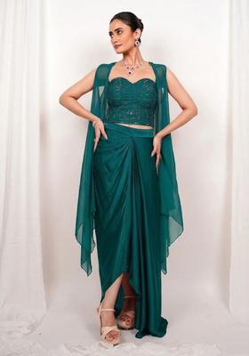 Teal Green Embroidered Handwork Fusion Set