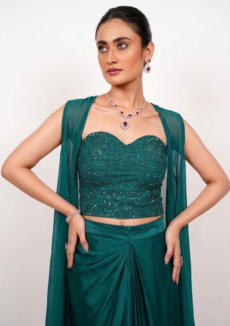 Teal Green Embroidered Handwork Fusion Set - Indya